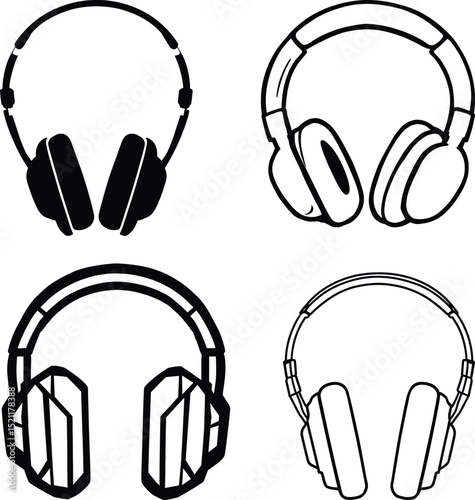Set of Diverse Headphone Icons in Various Outline and Solid Black Styles