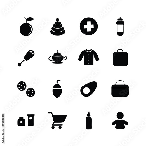 Baby Healthcare and Medicine Icons – Syringe, Bottle, Clothes, First Aid Vector Set for Child Wellness