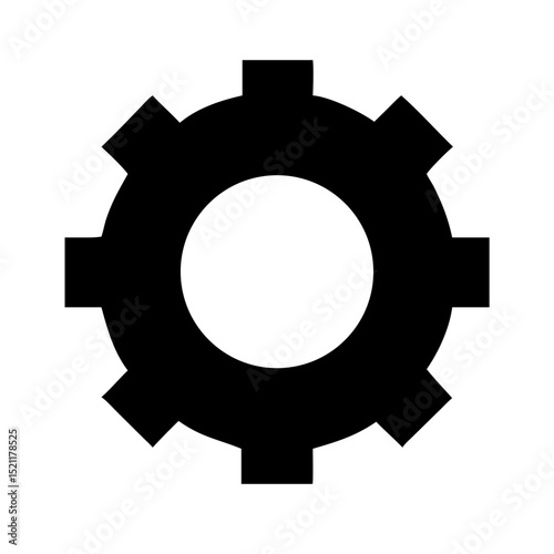 Black gear icon in minimal flat vector style with detailed interlocking teeth for engineering mechanics settings and industry design