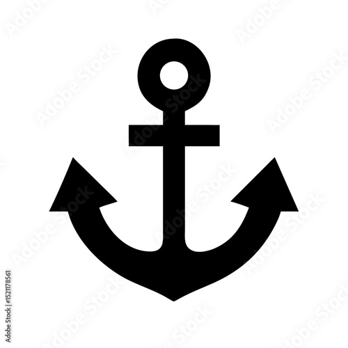 Flat vector of black anchor icon with curved flukes representing nautical stability strength maritime travel and ocean navigation