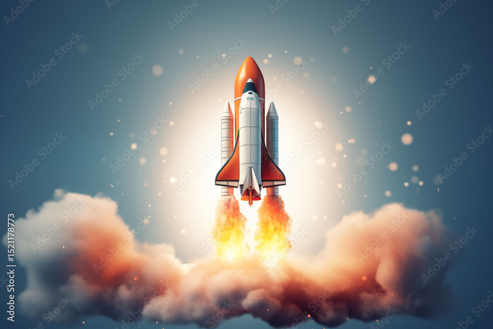 Fototapeta premium Retro spaceship soars with fire and smoke