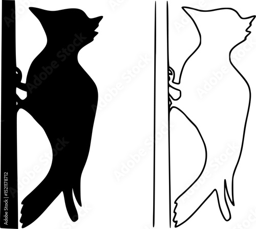 Woodpecker silhouette , Hand drawn black woodpecker on a tree trunk logo icon , forest bird, line drawing of a small woodpecker bird standing on a branch (Campophilus melanoleucus)