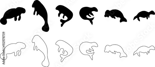 Manatee silhouette set, black hand drawn flat vector illustration of a Manatee, Manatee outline logo, marine life