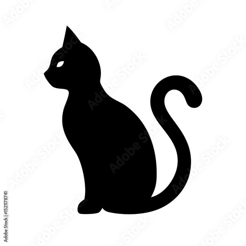 Black silhouette of elegant cat sitting upright with curled tail in flat vector style