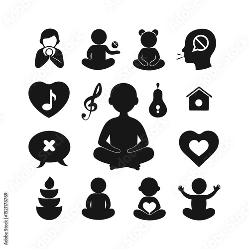 Baby Yoga and Meditation Icons – Mindfulness, Calm, Zen, Lotus Position – Wellness Vector for Kids & Parents
