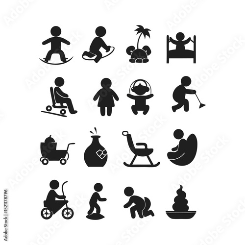 Toddler and Baby Activity Icons – Walking, Playing, Sleeping, Feeding – Child Development Vector Silhouettes