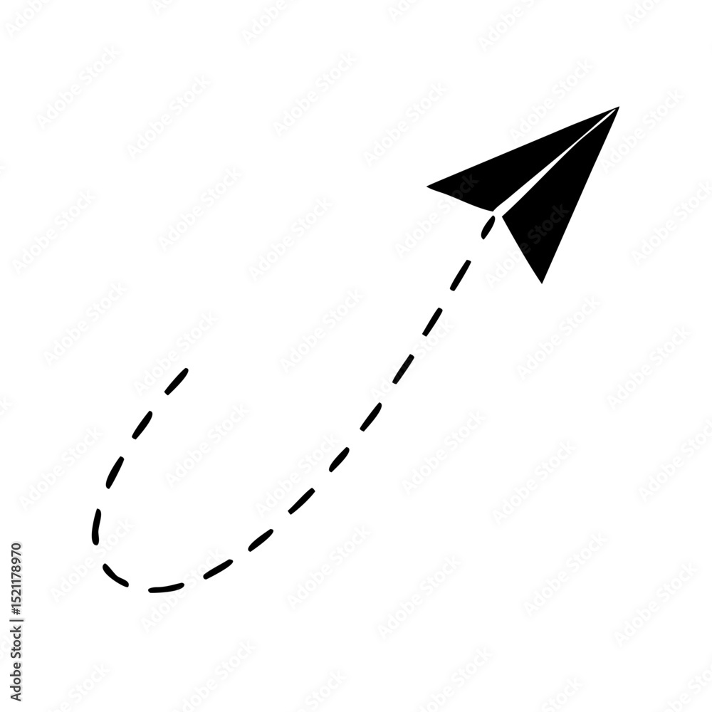 Black vector symbol of paper airplane flying forward representing email message send concept digital startup creativity and launch