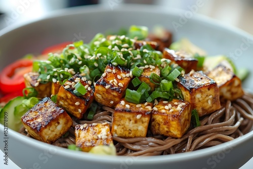 The light yellow hue of the buckwheat noodles is complemented by fresh vegetables and tofu, with sesame seeds sprinkled on top photo