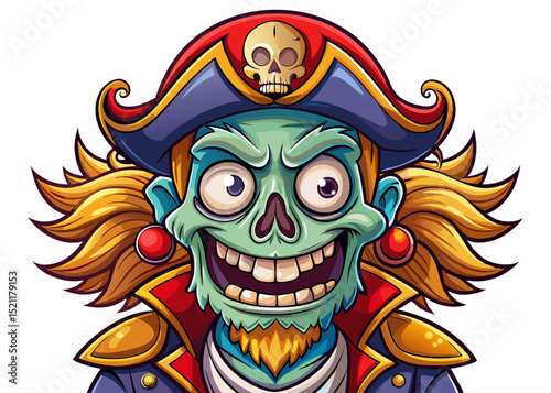 Vector cartoon illustration of a funny pirate skull character with hat and eye patch perfect for Halloween designs, games, kids’ content, and playful branding