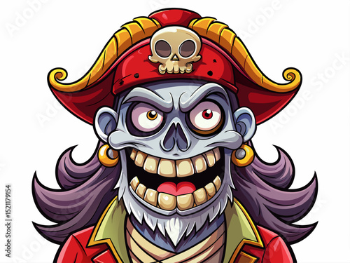 Vector cartoon illustration of a funny pirate skull character with hat and eye patch perfect for Halloween designs, games, kids’ content, and playful branding