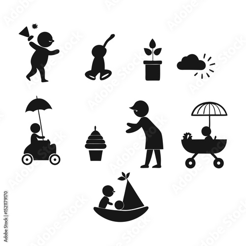 Silhouette vector of children playing outdoor with kite, plant watering, ice cream, and stroller scenes depicting fun, nature, and early childhood activity in parenting concepts