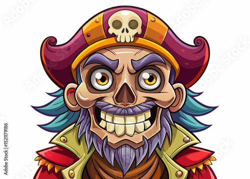 Vector cartoon illustration of a funny pirate skull character with hat and eye patch perfect for Halloween designs, games, kids’ content, and playful branding