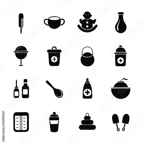 Black silhouette vector of baby feeding accessories set including bottles, nipples, bibs, and food containers for infant care, nutrition, parenting, and childcare related graphic design