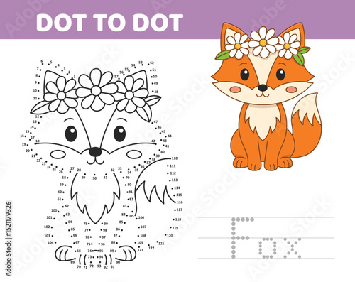 Fox dot to dot activity page. Fun and educational fox illustration kids can reveal by connecting the dots. Number learning and motor skills.