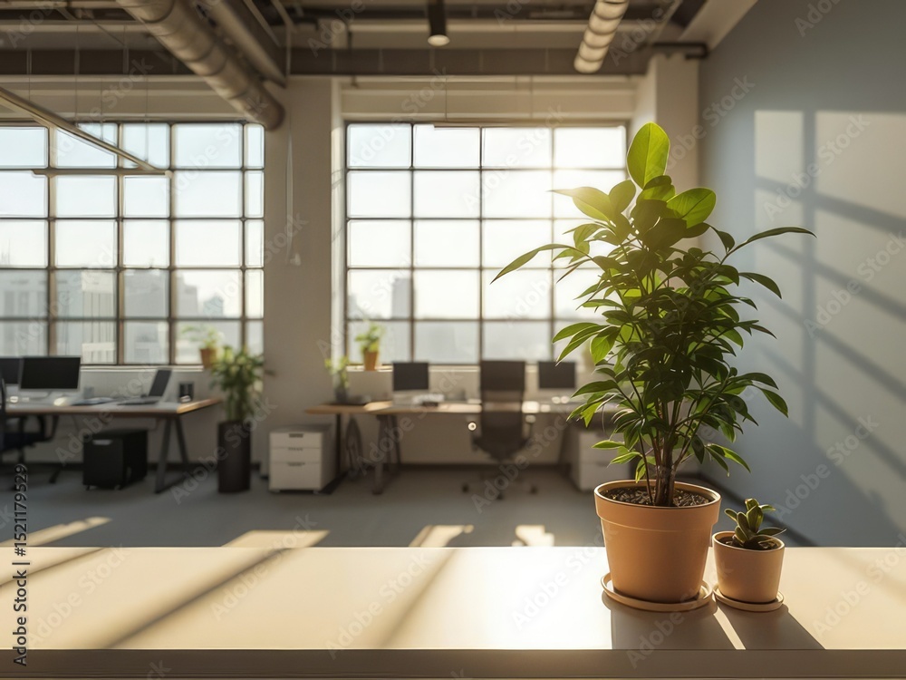 Fototapeta premium Modern Office Workspace with Sunlight and Greenery