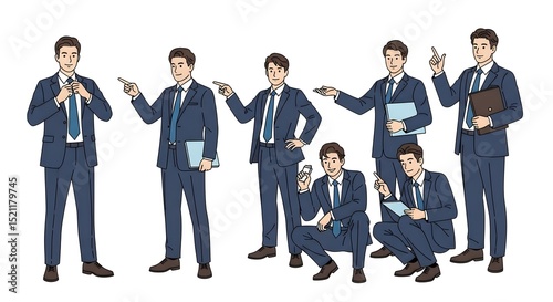 A confident business character strikes various poses, embodying professional success in modern illustration style.