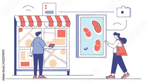People interacting with a shopfront and digital display with camera icon and wifi signals above