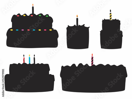 Collection of five silhouette cakes each decorated with candles on a white background image view