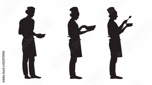 Silhouettes of chefs holding bowls and spoon in a culinary preparation sequence on a white background