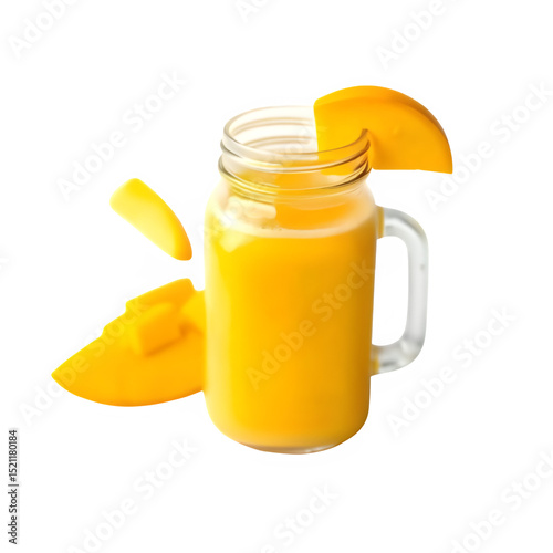 Photorealistic mango smoothie in transparent glass jar with metal lid, mango slices, vibrant yellow, harsh shadows, sharp focus, transparent background


