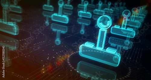 Joystick videogame and gaming symbol abstract cyber concept. Digital technology and computer background seamless and looped 3d animation.