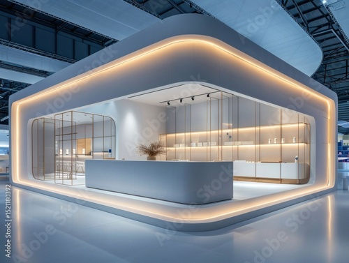 A streamlined exhibition booth under soft lighting, with a gentle background