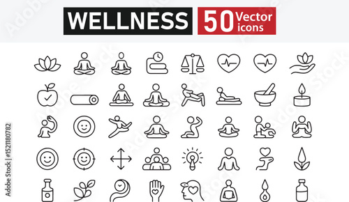 Collection of 50 Line Icons Representing Wellness, Yoga, Mindfulness, Meditation, and Healthy Living – Editable Stroke Vector Illustration