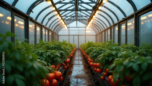 Un invernadero moderno lleno de hileras de tomates, iluminado por una suave luz photo