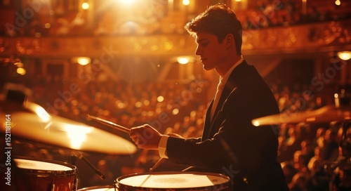 The performer attentively adjusts the drumhead in the concert hall, with soft background lighting and a gentle audience