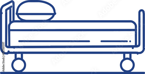 Blue Outline Icon of a Hospital Bed with a Pillow and Wheels, Symbolizing Healthcare