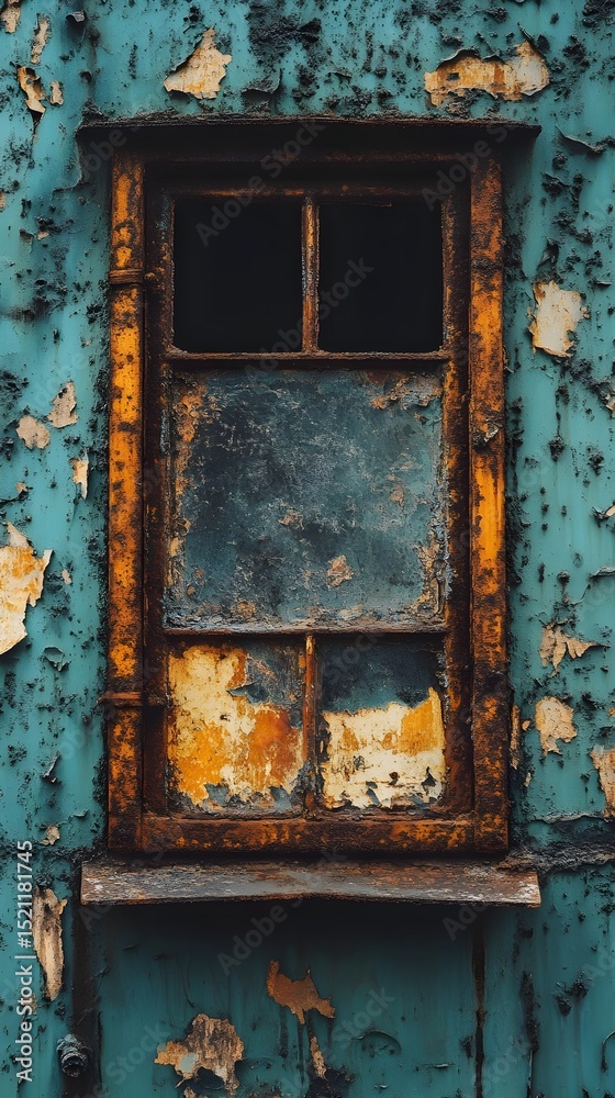 Naklejka premium Rusty Window on a Weathered Teal Wall Vintage Architectural Detail