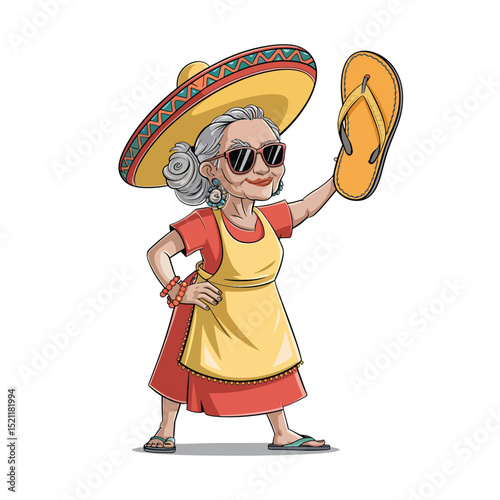 Old woman throwing a sandal cartoon funny character vector art illustration