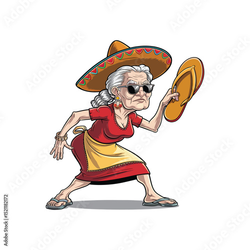 Old woman throwing a sandal cartoon funny character vector art illustration