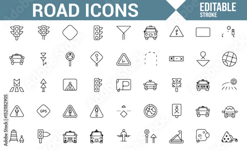 Icon Collection Representing Road Signs, Vehicles, and Safety Signals