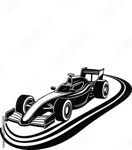 Sleek black and white formula one race car vector illustration on a curved racing track