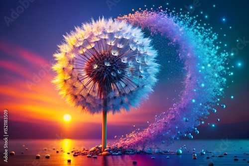 3D Pixel-Art Dandelion with Digital Particles & Glitch Effects – Vibrant Gradient Background