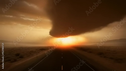 Dramatic dust storm approaching a deserted road at sunset, creating a surreal atmosphere