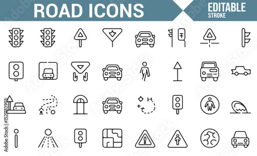 Roadway Navigation and Safety Icons Set for Traffic Management