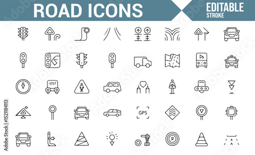 Collection of Traffic Signals, Vehicles, and Road Marking Icons


