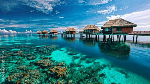 Luxe overwater bungalows on a private island with a crystal clear sea and blue sky. Private retreats