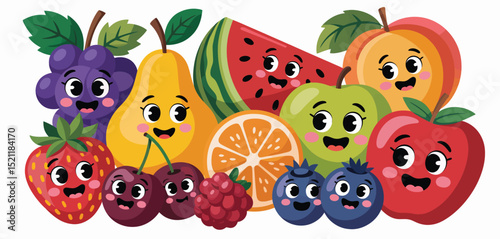 Cute Cartoon Fruits Collection Happy Faces Illustration