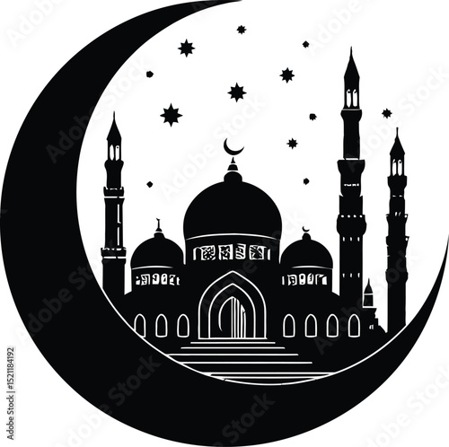 Intricate Silhouette of a Mosque with Minarets Against a Crescent Moon and Stars