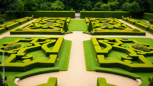 A formal garden features structured designs with symmetrical layouts, precise hedges, manicured lawns, and orderly pathways, embodying elegance and classical style.