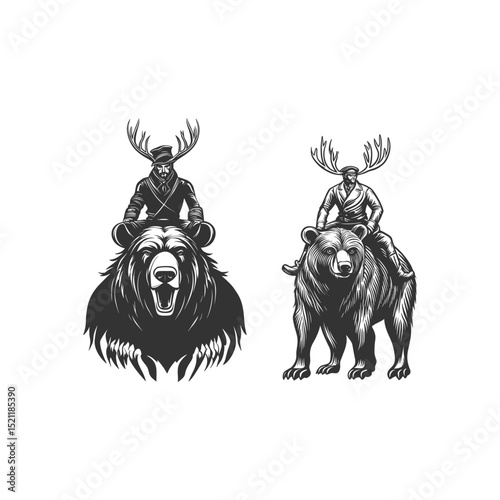 Deer headed gentlemen riding mighty bear design vector template illustration