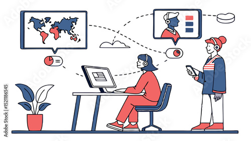 Illustration of two women in a virtual meeting with a world map and data visualization elements around them