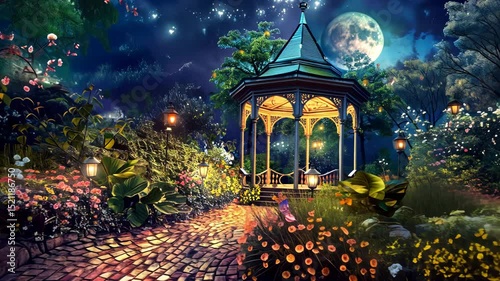Ethereal digital painting depicts a gazebo amidst night flowers, under a canopy of stars, with lanterns softly glowing. Private retreats