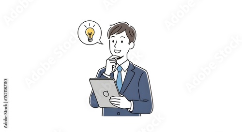An illustration of a man with idea using digital tablet. The lightbulb symbol above his head represents creativity. This artwork embodies innovation and the spark of a new idea.