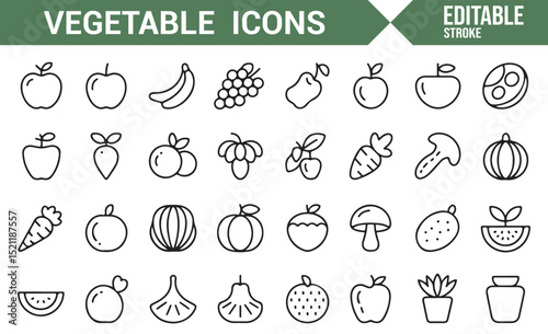 Set of Healthy Eating Icons Featuring Vegetables and Fruits

