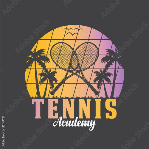 Stylish Tennis Academy Logo with Tropical Theme. Vintage-inspired graphic design featuring a pair of tennis rackets crossed against a sunset backdrop with tropical palm trees.