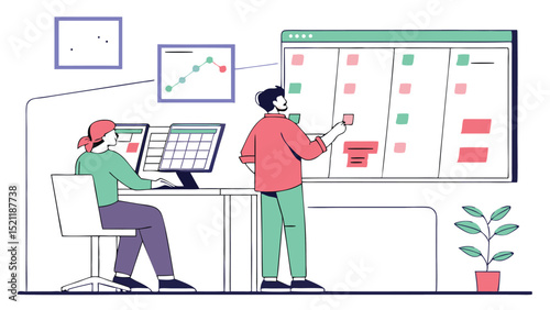 Two people working in an office with a computer, a whiteboard, charts, and a potted plant displayed